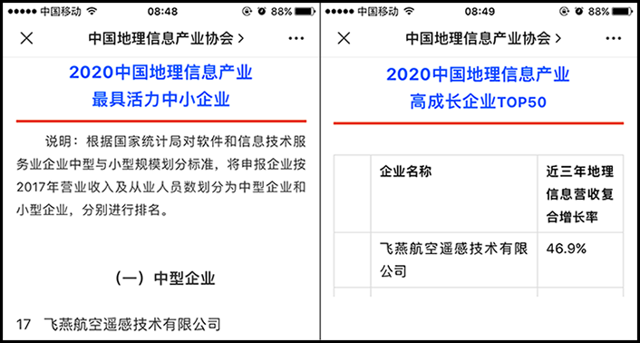 喜訊丨飛燕遙感榮獲2020中國地理信息產(chǎn)業(yè)最具活力中型企業(yè)榮譽(yù)稱號，榮耀入選2020中國地理信息產(chǎn)業(yè)高成長企業(yè)TOP50！